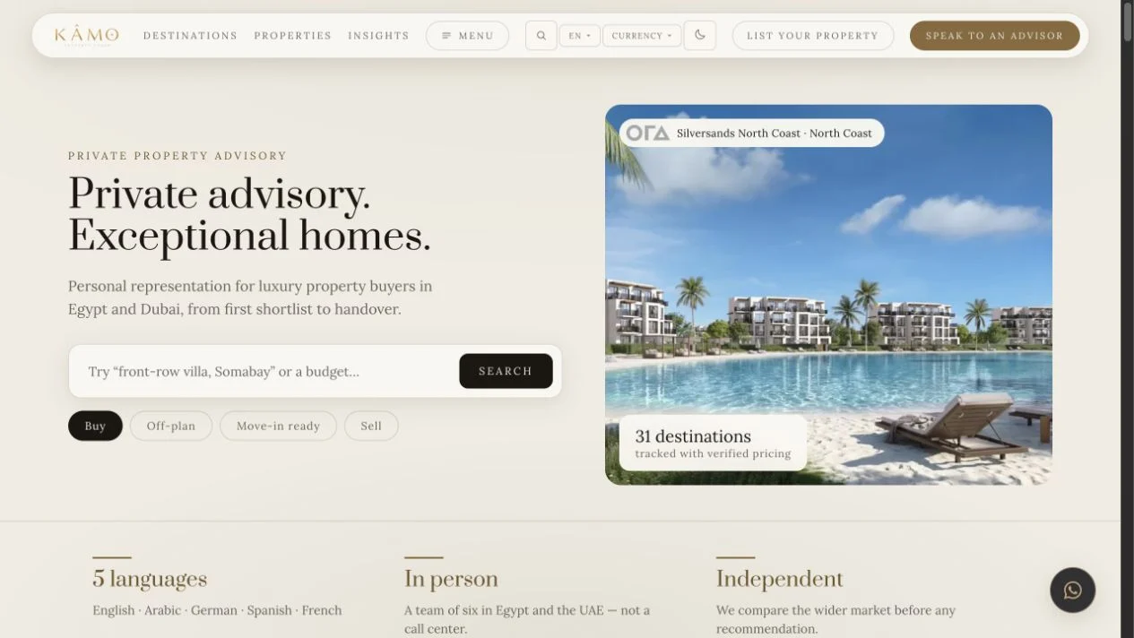 KÂMO Property website: advisory, destination discovery, and property search